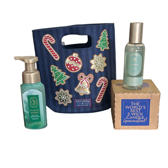 Bath & Body Works Other - Bath & Body Works Eucalyptus 4 Piece Set - 3 Wick Candle, Soap, Spray and Bag